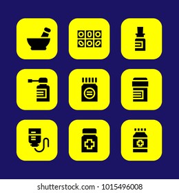 Medical vector icon set. pills, mortar, drop counter and spray