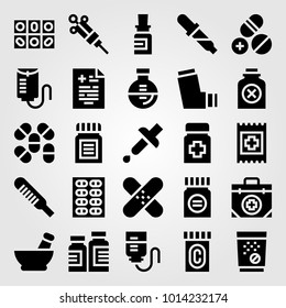 Medical vector icon set. pipette, pills, bottle and thermometer