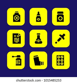 Medical vector icon set. pipette, flask, eye drops and medicine