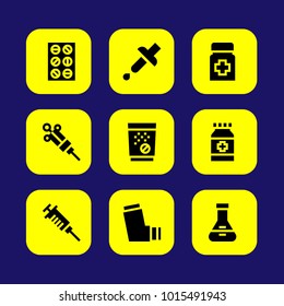 Medical vector icon set. pipette, medicine, syringe and tablets