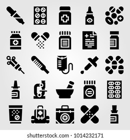 Medical vector icon set. medical result, mortar, tablets and thermometer