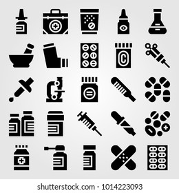 Medical vector icon set. spray, first aid kit, medicine and patch