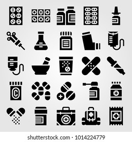 Medical vector icon set. spray, inhaler, mortar and patch
