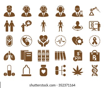 Medical vector icon set. Style is flat symbols, brown color, rounded angles, white background.