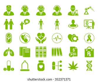 Medical vector icon set. Style is flat symbols, eco green color, rounded angles, white background.