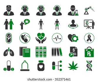 Medical vector icon set. Style is bicolor flat symbols, green and gray colors, rounded angles, white background.