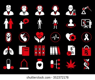 Medical vector icon set. Style is bicolor flat symbols, red and white colors, rounded angles, black background.