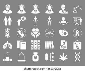 Medical vector icon set. Style is flat symbols, white color, rounded angles, gray background.