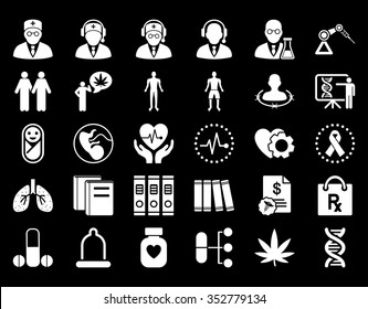 Medical vector icon set. Style is flat symbols, white color, rounded angles, black background.