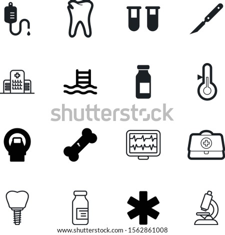 medical vector icon set such as: body, diagnosing, caduceus, people, work, break, hospitalization, education, school, medication, lens, blood, thermometer, star, measuring, life, computer, scanner
