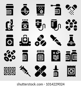 Medical vector icon set. syringe, tablets, patch and aid
