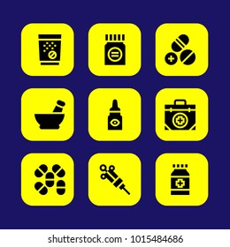 Medical vector icon set. syringe, first aid kit, tablets and mortar