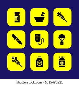 Medical vector icon set. syringe, aid, pipette and poison