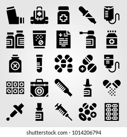 Medical vector icon set. tablets, thermometer, poison and nasal spray