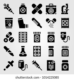 Medical vector icon set. tablets, inhaler, pills and first aid kit