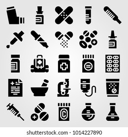 Medical vector icon set. tablets, microscope, flask and syringe