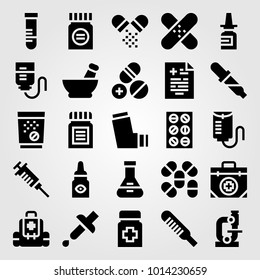 Medical vector icon set. tablets, tube, inhaler and first aid kit