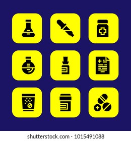 Medical vector icon set. tablets, medical result, flask and medicine