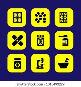 Medical vector icon set. tablets, patch, medicine and microscope