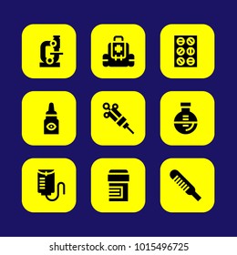 Medical vector icon set. tablets, microscope, drop counter and first aid kit