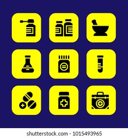 Medical vector icon set. test tube, flask, mortar and first aid kit