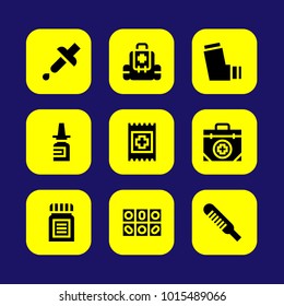 Medical vector icon set. thermometer, band, first aid kit and aid