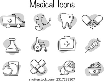 Medical Vector Icons black and white. Set Symbols in Flat Linear Design Medicine Pharmacy and Health Care with Elements for Mobile Concepts and Web Apps. Collection Modern Infographic.