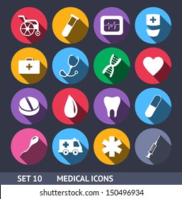 Medical Vector Icons With Long Shadow Set 10