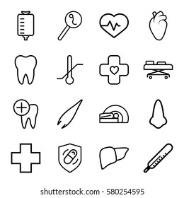 medical vector icons. Set of 16 medical outline icons such as thermometer, nose, tweezers, heartbeat, drop counter, liver, heart organ, search sperm, dental care