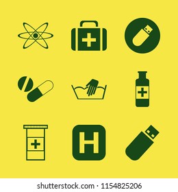 medical vector icons set. with atom, hospital sign, flash driver and pills bottle in set