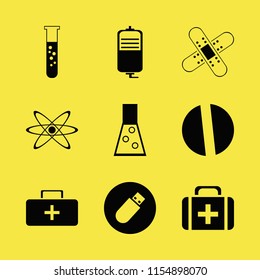 medical vector icons set. with atom, test tube, first aid bag and pill in set