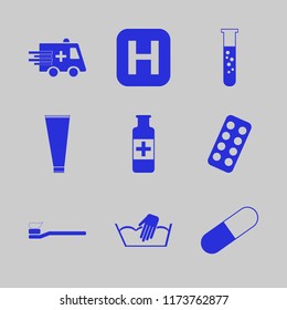 medical vector icons set. with blister pack, hand washing, test tube and toothbrush toothpaste in set