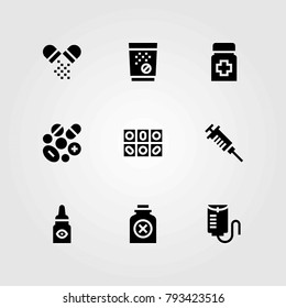 Medical vector icons set. bottle, poison and drop counter