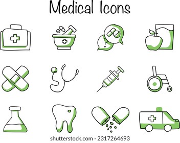 Equipo de Iconos Vectores Médicos. doble color, dibujo a mano, señas y símbolos en la medicina de diseño lineal y cuidado de la salud con elementos para conceptos móviles y aplicaciones web. Colección Infografía moderna