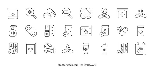 Medical vector icons set featuring capsules, pills, and medicine bottles.