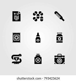 Medical vector icons set. first aid kit, medical result and band aid
