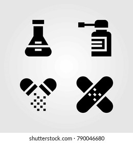 Medical vector icons set. flask, pills and spray