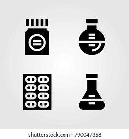 Medical vector icons set. flask, pills and medicine