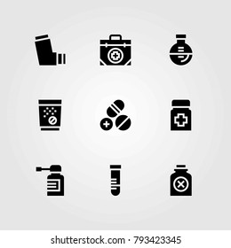 Medical vector icons set. flask, test tube and tablets
