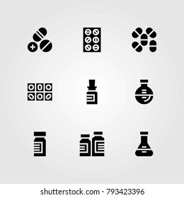 Medical vector icons set. flask, medicine and tablets