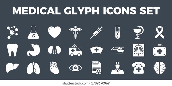 Medical Vector Icons Set. Glyph Related Icons, Sign and Symbols in Flat Design Medicine and Health Care with Elements for Mobile Concepts and Web Apps. Collection Infographic Logo and Pictogram