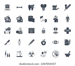 Medical Vector Icons Set. Glyph Icons, Sign and Symbols in Solid Design. Medicine, Health Care and Coronavirus COVID 19 pandemic. Mobile Concepts and Web Apps. Modern Infographic Logo and Pictogram