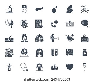 Medical Vector Icons Set. Glyph Icons, Sign and Symbols in Solid Design. Medicine, Health Care and Coronavirus COVID 19 pandemic. Mobile Concepts and Web Apps. Modern Infographic Logo and Pictogram