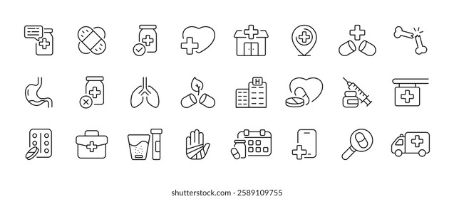 Medical vector icons set: healthcare, anatomy, and medication symbols.