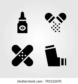 Medical vector icons set. inhaler, pills and eye drops