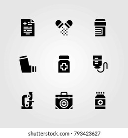 Medical vector icons set. inhaler, pills and first aid kit