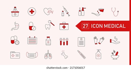 Medical vector icons set of line icons, sign and symbols in flat linear design medicine and health care with elements for mobile menu and web apps. Collection Modern Infographic Logo and Pictogram.