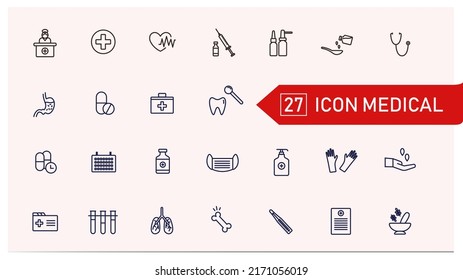 Medizinische Vektorsymbole Set von Linien-Symbolen, Zeichen und Symbole in flachen linearen Design Medizin und Gesundheitsversorgung mit Elementen für mobile Menü- und Web-Apps. Kollektion Modernes Infografik Logo und Piktogramm.