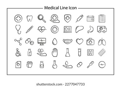 Medical Vector Icons Set. Line Icons, Sign and Symbols in Flat Linear Design Medicine and Health Care with Elements for Mobile Concepts and Web Apps.