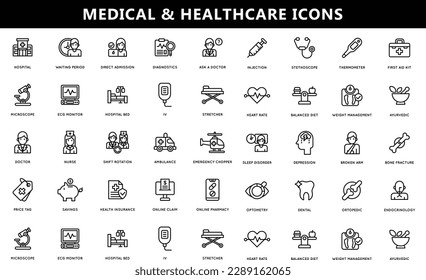 Equipo de Iconos Vectores Médicos. Iconos de línea, signos y símbolos en la medicina de diseño lineal y cuidado de la salud con elementos para conceptos móviles y aplicaciones web. Colección de logotipo y pictograma Infográfico Moderno.